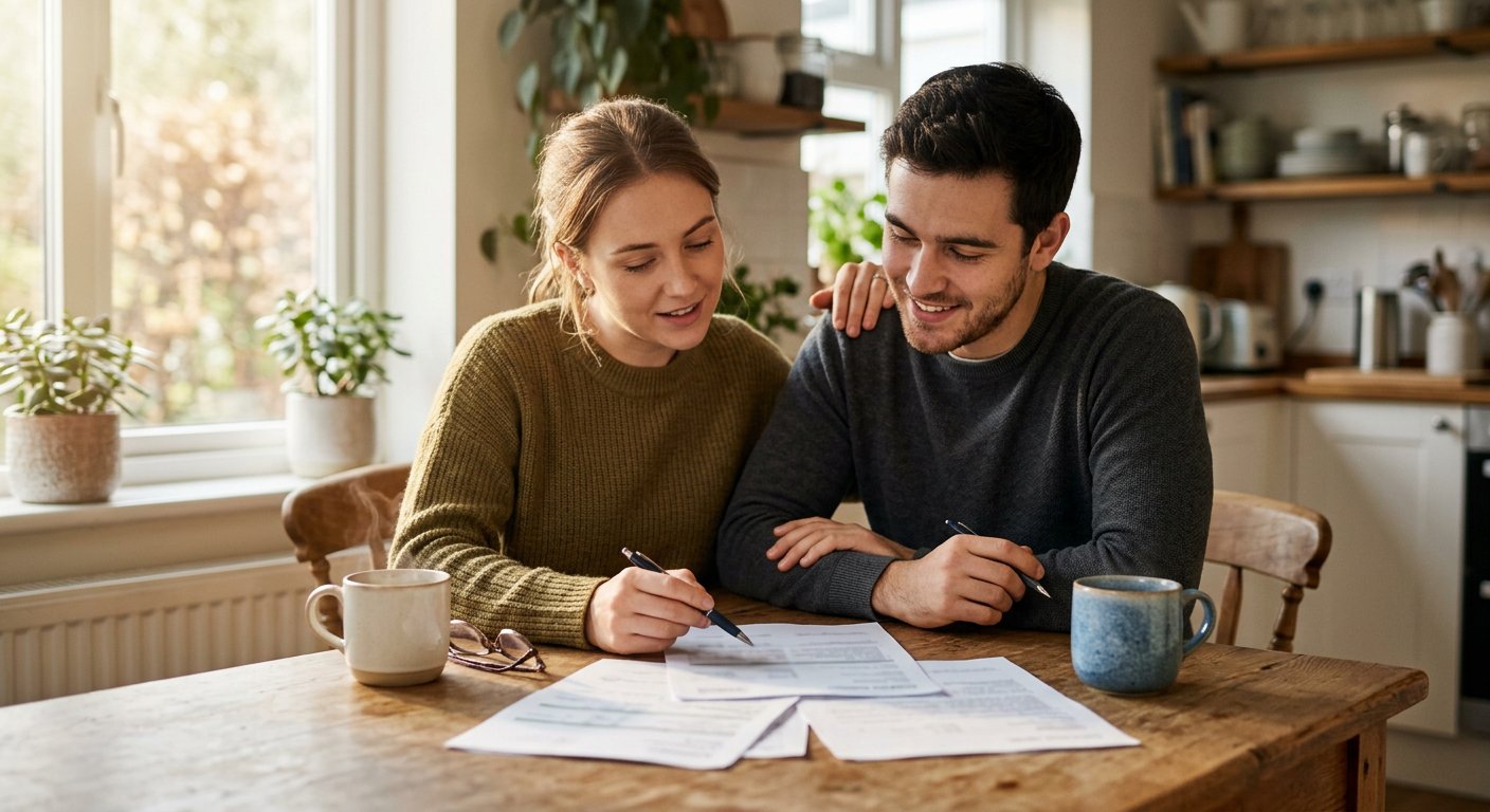 Couple reviewing loan paperwork at a kitchen table